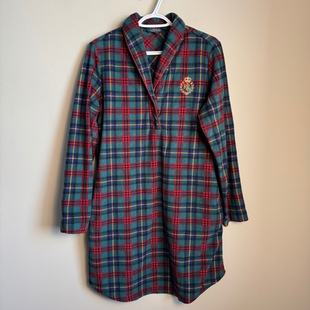 Lauren Ralph Lauren Tartan Plaid Fleece Nightdress Long Sleeve Crest Logo Pocket